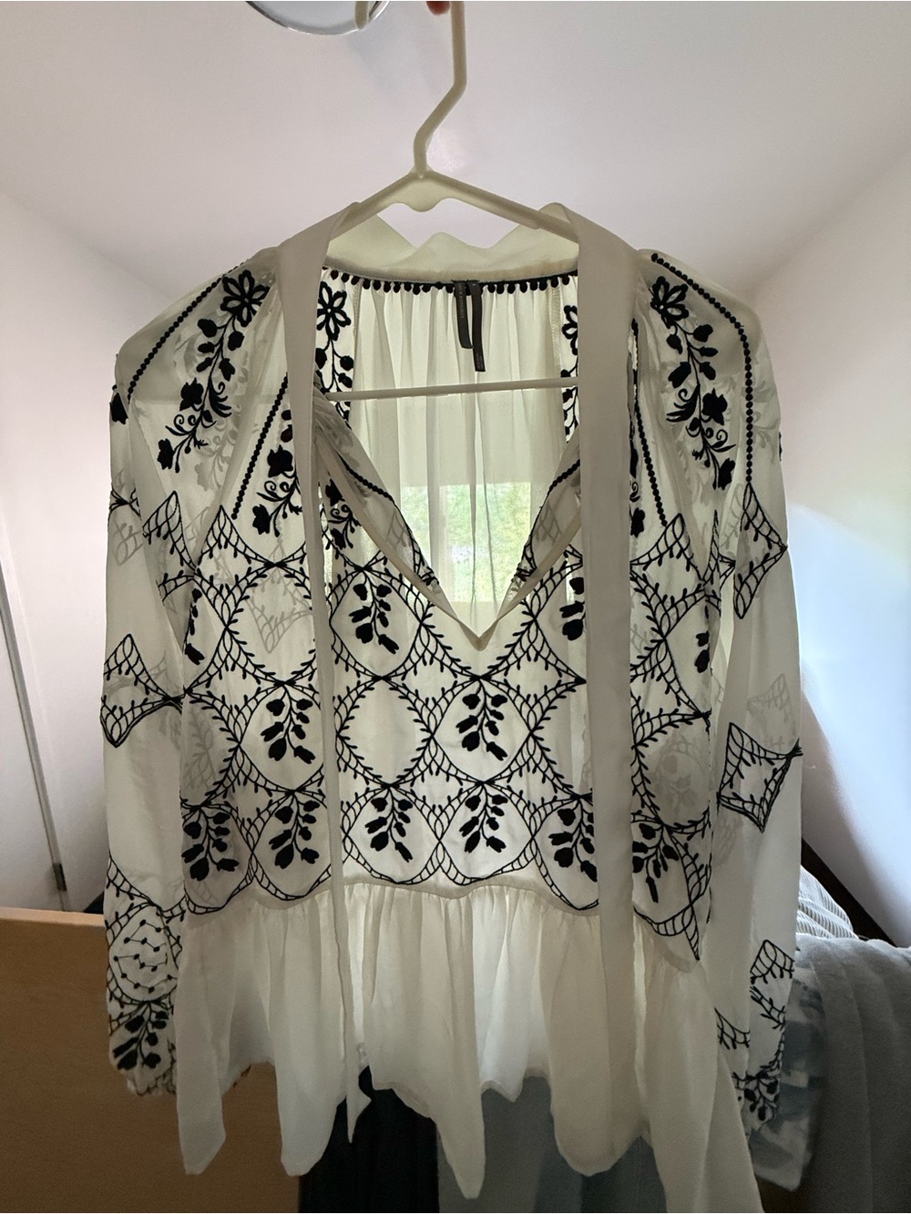 Anthropologie Tie-Neck White Blouse with Black Embroidered Lace & Bow - Picture 2 of 4